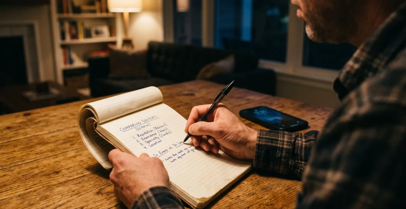 Un homme prend des notes pour comparer des consultants avant de choisir.