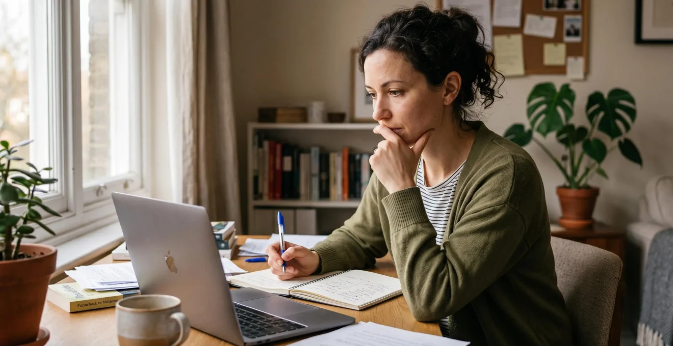 Une femme relit attentivement un message sur son ordinateur portable chez elle.
